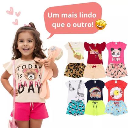 Imagem de Kit Sortido 6 Peças de Roupas Infantil feminino bebê Menina 3 Camisetas 3 Bermudas Kit 3 com Conjuntos Infantil Verão para Menina Bebê dias quentes