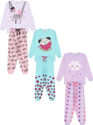 Imagem de Kit Sortido 6 Peças Pijama Comprido Infantil Menina bebê 3 Camisas 3 Calças Kit com 3 Pijamas longo e Roupa bebê Menina