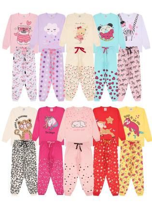 Imagem de Kit Sortido 6 Peças Pijama Comprido Infantil Menina bebê 3 Camisas 3 Calças Kit com 3 Pijamas longo e Roupa bebê Menina