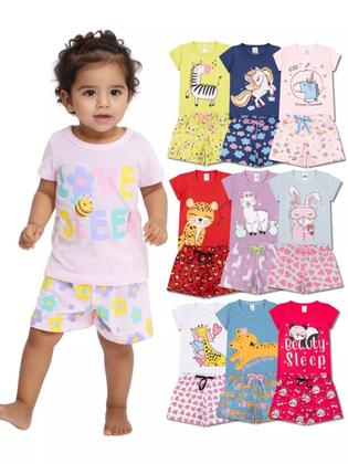 Imagem de Kit Sortido 8 Peças Pijama Curto Bebê Menina 4 Camisas 4 Bermudas Kit 4 Pijamas menina Bebê Roupa Infantil