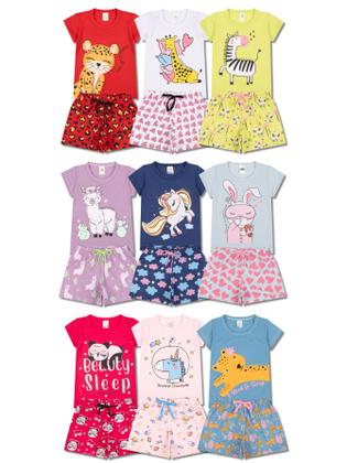 Imagem de Kit Sortido 8 Peças Pijama Curto infantil Menina 4 Camisas 4 Bermudas Kit 4 Pijamas menina Roupa Infantil