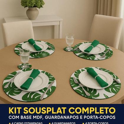 Imagem de Kit Sousplat 4 Lugares Redondo Para Mesa Posta Com Base MDF e Guardanapo