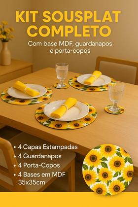 Imagem de Kit Sousplat 4 Lugares Redondo Para Mesa Posta Com Base MDF e Guardanapo