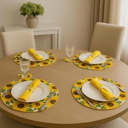 Imagem de Kit Sousplat 4 Lugares Redondo Para Mesa Posta Com Base MDF e Guardanapo