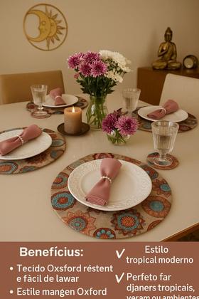 Imagem de Kit Sousplat 4 Lugares Redondo Para Mesa Posta Com Base MDF e Guardanapo