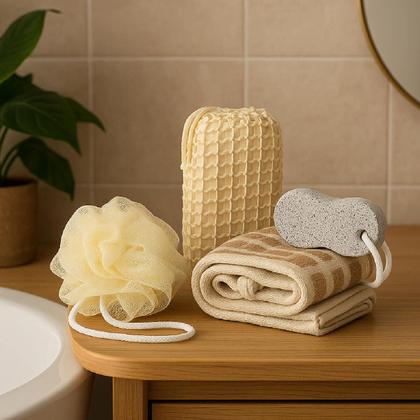 Imagem de Kit Spa Banho 4 Peças com Esponja, Pedra Pomes e Toalha Esfoliante