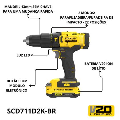 Imagem de Kit Stanley 20V V20  Parafusadeira Furadeira de Impacto SCD711C2K-BR  2 Baterias + Maleta