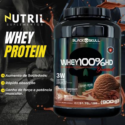 Imagem de Kit Suplemento Whey 100% HD POTE Gourmet 900g + Creatina Turbo 300g + Termogênico Thermo Flame + Bcaa 2400 + Coqueteleira Shaker - Black Skull