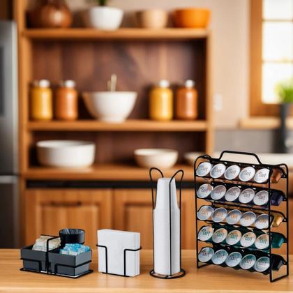 Imagem de Kit Suporte 50 Cápsulas Nespresso Porta Copos Descartável Suporte Sachês Porta Guardanapos Preto Fosco - Future
