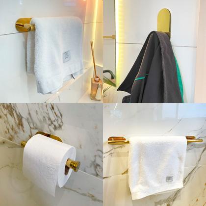 Imagem de Kit Suporte Acessórios Banheiro Lavabo Aço Inox Dourado Gold