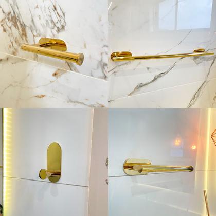 Imagem de Kit Suporte Acessórios Banheiro Lavabo Aço Inox Dourado Gold