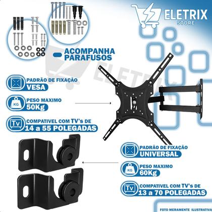 Imagem de Kit Suporte de Tv Articulado 1455 + Suporte Fixo Universal 1370 Polegadas led plasma lcd