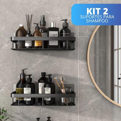 Imagem de Kit Suporte Duplo Porta Shampoo Sabonete Box Banheiro Fixação Adesivo Parede Preto