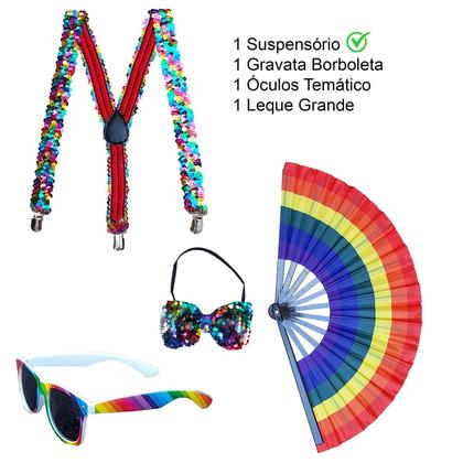 Imagem de Kit Suspensório Arco-Íris LGBT Lantejoula Paetê 4 Produtos: Óculos + Gravata + Suspensório + Leque
