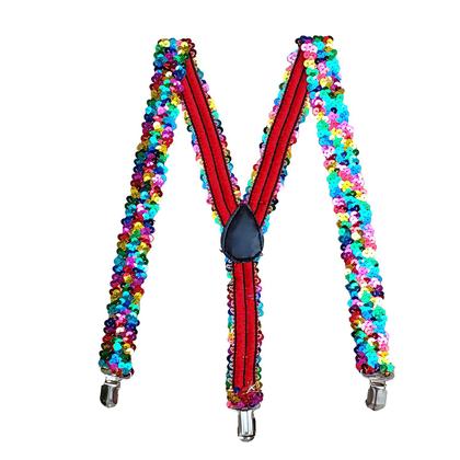 Imagem de Kit Suspensório Arco-Íris LGBT Lantejoula Paetê 4 Produtos: Óculos + Gravata + Suspensório + Leque