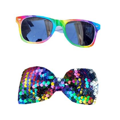 Imagem de Kit Suspensório Arco-Íris LGBT Lantejoula Paetê 4 Produtos: Óculos + Gravata + Suspensório + Leque