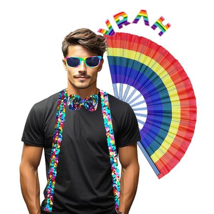 Imagem de Kit Suspensório Arco-Íris LGBT Lantejoula Paetê 4 Produtos: Óculos + Gravata + Suspensório + Leque