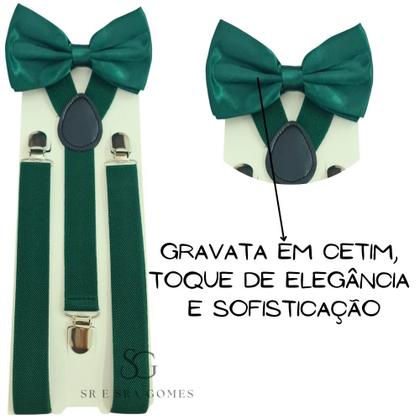 Imagem de Kit Suspensório Verde Musgo + Gravata Borboleta Adulto Para Padrinhos e Eventos