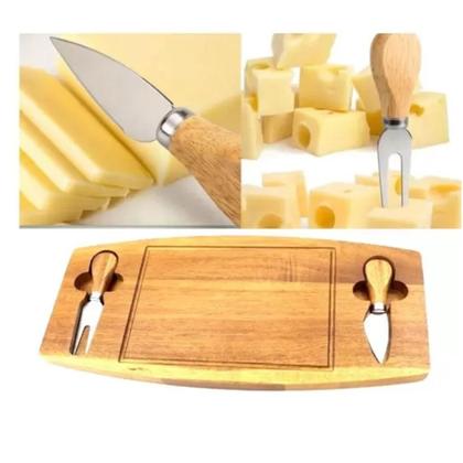 Imagem de Kit tabua de bambu para queijos frios petiscos com garfo faca conjunto 3 pecas
