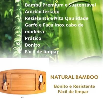 Imagem de Kit tabua de bambu para queijos frios petiscos com garfo faca conjunto 3 pecas