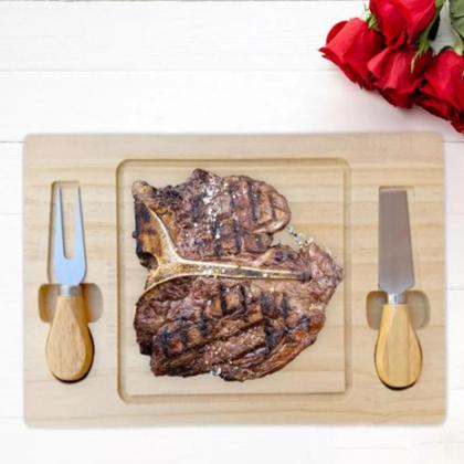 Imagem de Kit tabua frios bambu queijo talheres faca garfo inox