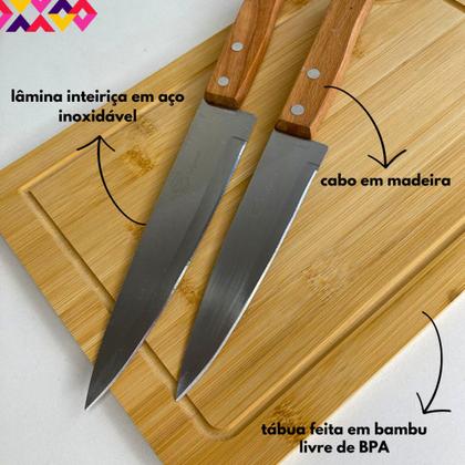 Imagem de Kit Tábua Para Corte Em Madeira Bambu E Facas Cozinha Peixeira Profissional 7” e 6” Comida Chef