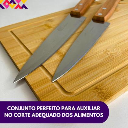 Imagem de Kit Tábua Para Corte Em Madeira Bambu E Facas Cozinha Peixeira Profissional 7” e 6” Comida Chef