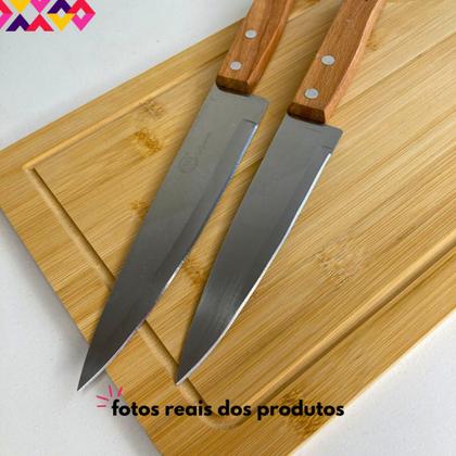 Imagem de Kit Tábua Para Corte Em Madeira Bambu E Facas Cozinha Peixeira Profissional 7” e 6” Comida Chef