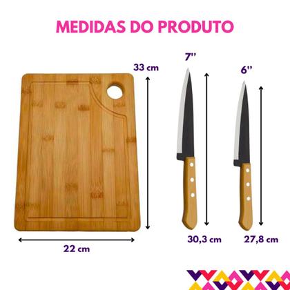 Imagem de Kit Tábua Para Corte Em Madeira Bambu E Facas Cozinha Peixeira Profissional 7” e 6” Comida Chef