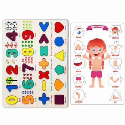 Imagem de Kit Tabuleiro Didatico Encaixe Numero Formas e Quebra Cabeça Corpo Humano Menina
