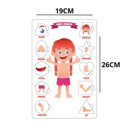 Imagem de Kit Tabuleiro Didatico Encaixe Numero Formas e Quebra Cabeça Corpo Humano Menina