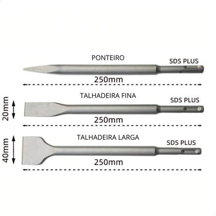 Imagem de Kit Talhadeiras E Ponteiro Para Martelete 3 Peças Sds Plus Encaixe Rápido Concreto Aço 20mm 40mm Ponteira