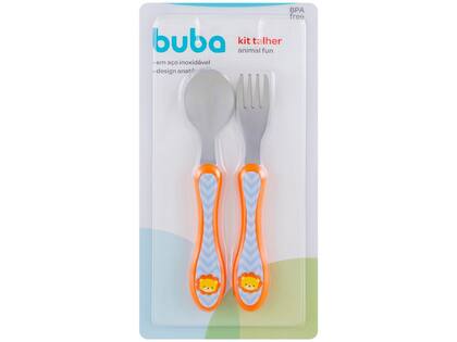 Imagem de Kit Talher Infantil Leãozinho Bebê Anatômico Aço Inox Buba