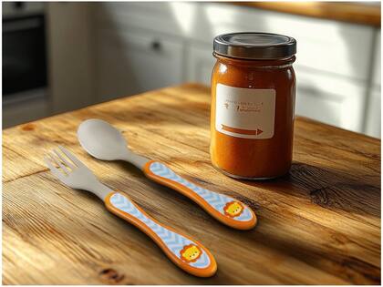Imagem de Kit Talher Infantil Leãozinho Bebê Anatômico Aço Inox Buba