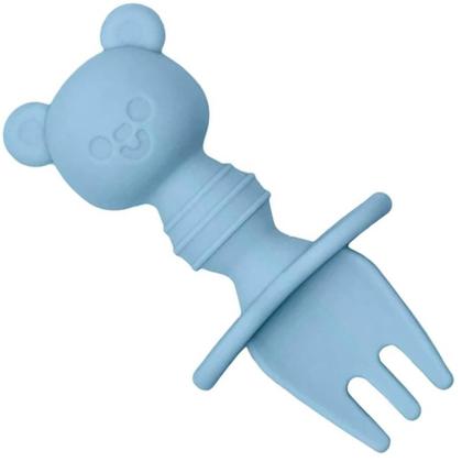 Imagem de Kit Talher Treinamento Buba Silicone Azul com Escudo Ursinho +6m Garfo Colher