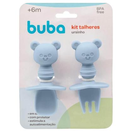 Imagem de Kit Talher Treinamento Buba Silicone Azul com Escudo Ursinho +6m Garfo Colher