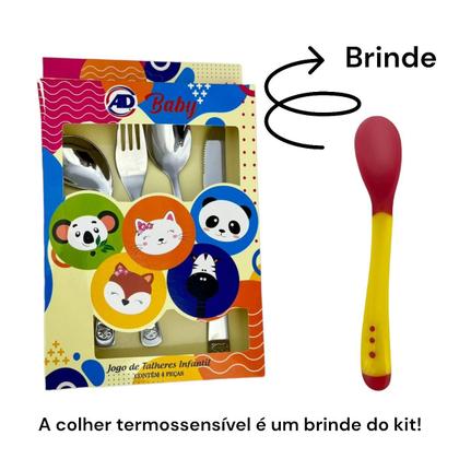 Imagem de Kit Talheres Aço Inox e Colher Termossensível Bichinhos Bebê