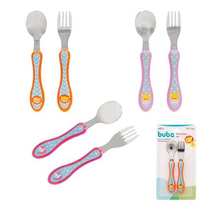 Imagem de Kit Talheres Colher E Garfo Animal Fun Infantil Bebê Em Aço Inoxidável Buba Original
