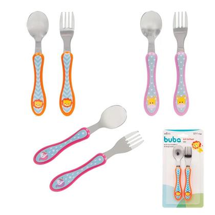 Imagem de Kit Talheres Colher E Garfo Animal Fun Infantil Bebê Em Aço Inoxidável Original - Buba Baby