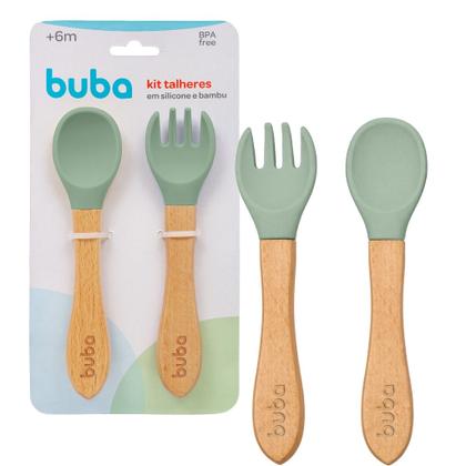 Imagem de Kit Talheres Infantil Silicone Bambu Verde 15827 Buba