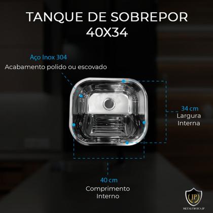 Imagem de Kit Tanque Inox 40 x 40 22 Litros Embutir E Sobrepor lavanderia com valvula e sifao