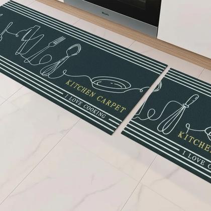 Imagem de Kit Tapete Passadeira Cozinha Antiderrapante 2 Pçs verde escuro