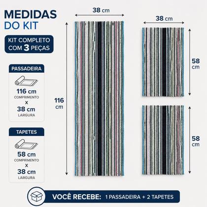 Imagem de Kit Tapetes Trançados 3 Peças Passadeira E Tapetes Multiuso Para Cozinha Sala Quarto