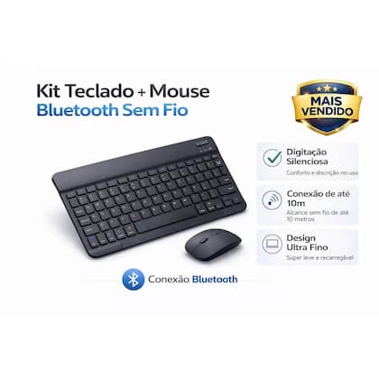 Kit Teclado e Mouse Sem Fio Bluetooth Compacto Silencioso Ideal para Produtividade no Dia a Dia