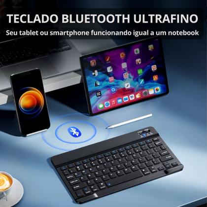 Imagem de Kit Teclado Mouse Bluetooth Sem Fio ABNT Ç Recarregável + Suporte Mesa Para Tablet Celular