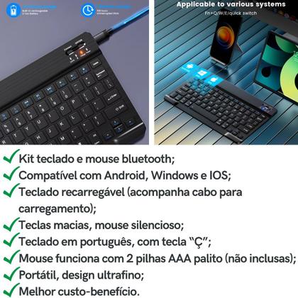 Imagem de Kit Teclado Mouse Bluetooth Sem Fio ABNT Ç Recarregável + Suporte Mesa Para Tablet Celular