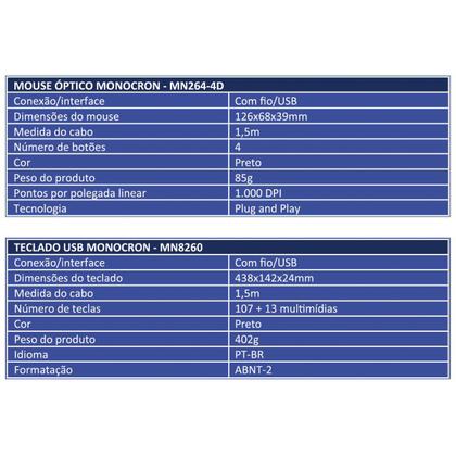Imagem de Kit Teclado USB 107 Teclas e 13 Teclas Multimídia ABNT2 + Mouse USB 4 Botões 1000 DPI Cabo 1.5m Monocron Preto