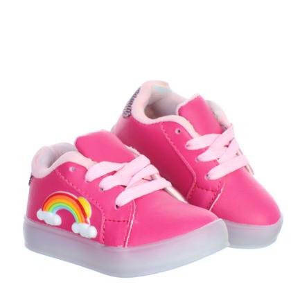 Imagem de Kit Tenis de Criança Rosa Arco Iris De Luz de Led Colorido Vem a Bolsa Infantil