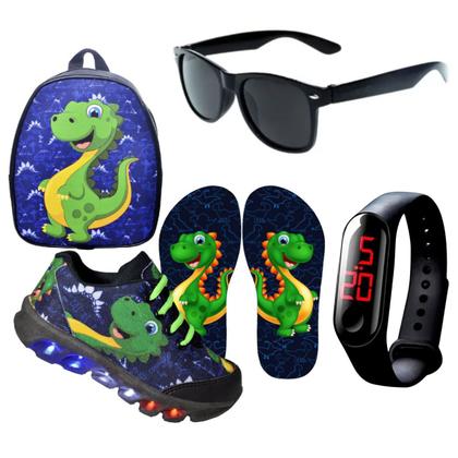 Imagem de Kit Tênis De Led Infantil Menino Masculino Dinossauro + Chinelo + Mochila + Óculos + Relógio