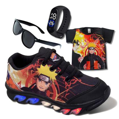 Imagem de Kit Tênis De Led Infantil Menino Masculino Naruto + Camisa + Relógio + Óculos